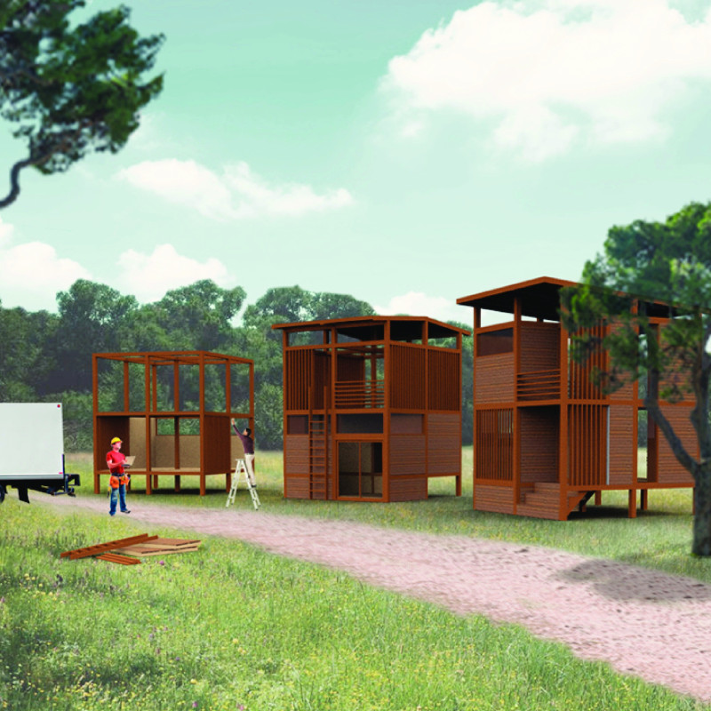 Charred Wooden Shingles and Cross-Laminated Timber Panels in Compact Modular Housing