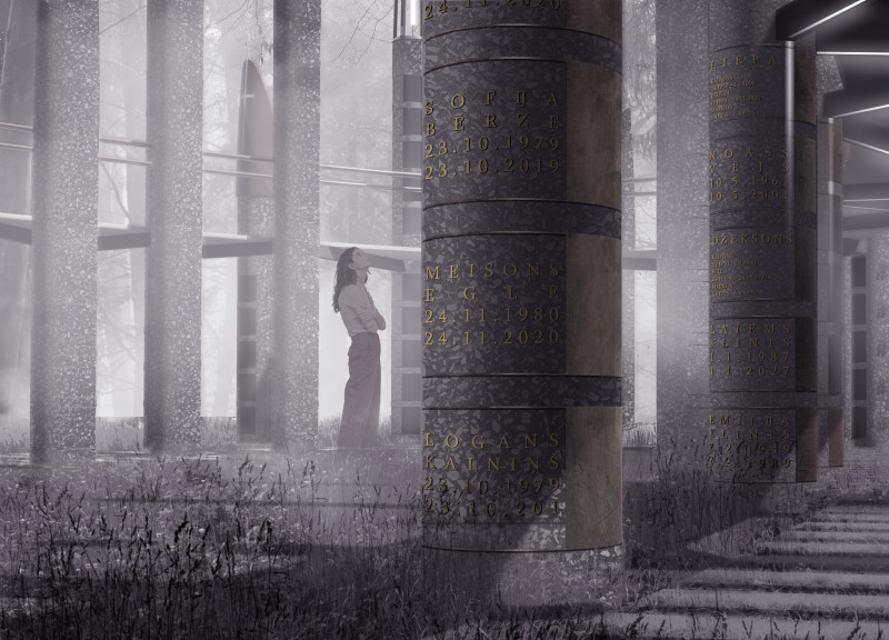 Pillared Compartmentalized Reflection Space Crafted From Durable Concrete and Integrated Gravestones