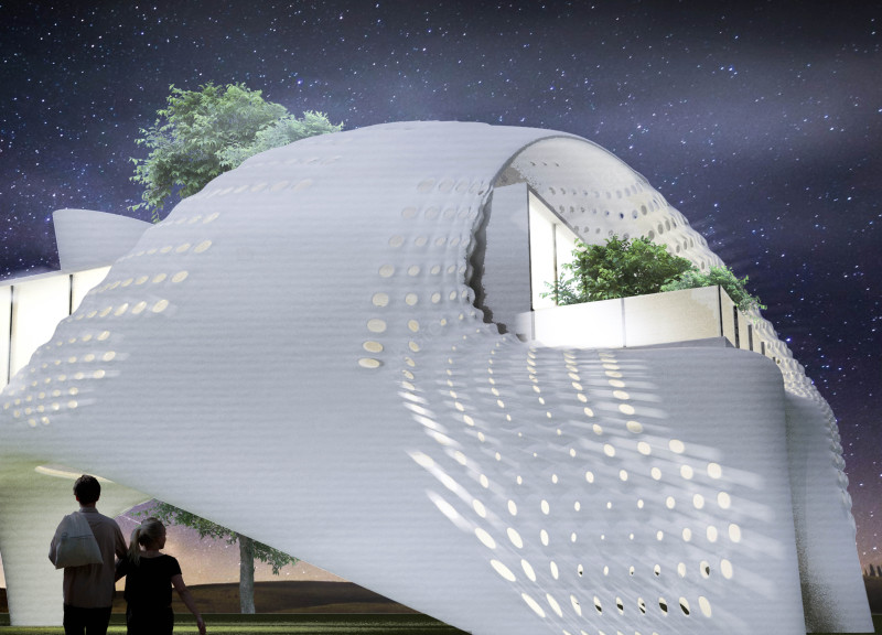 Perforated Concrete Skin Enveloping A Tubular Access In A Sustainable Living Space
