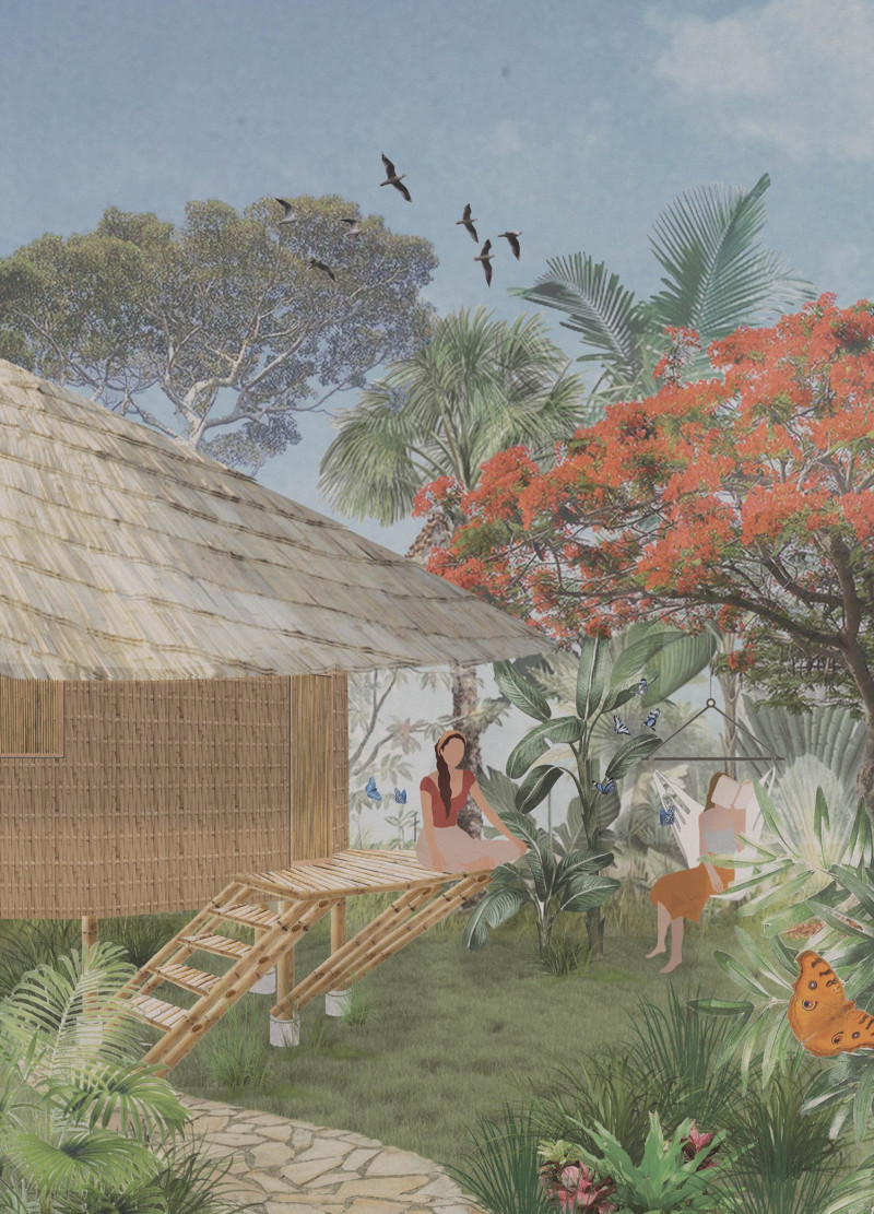 Bamboo Framework and Thatch Canopy in a Circular Retreat Emphasizing Local Landscape Integration