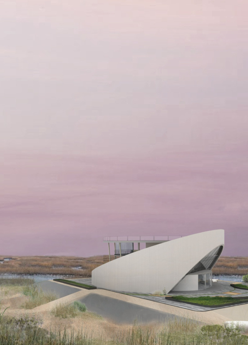Circular Design Featuring Concrete and Glass Harmoniously Integrating with Wetland Ecology