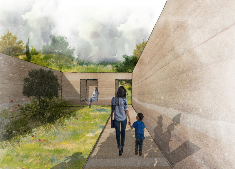Co-living residence showcasing textured rammed earth and biophilic design elements