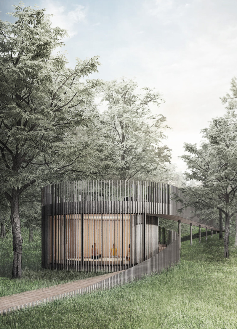 Curvilinear Structure Wrapped in Metal Slats Offering Natural Light for Meditation Retreat