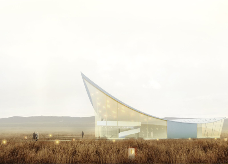 Curvilinear Glass Facade With Rainwater Collection and Timber Integration for Community Art Exploration
