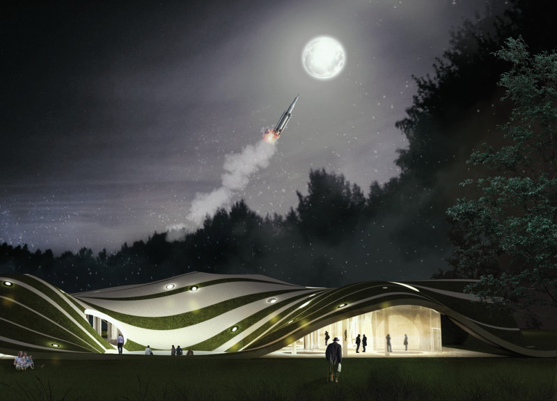 Curved Roof Structure Featuring Sustainable Timber and Green Roofing for Cosmic Exploration