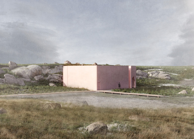 Community center embracing natural stone and blush concrete within a volcanic landscape