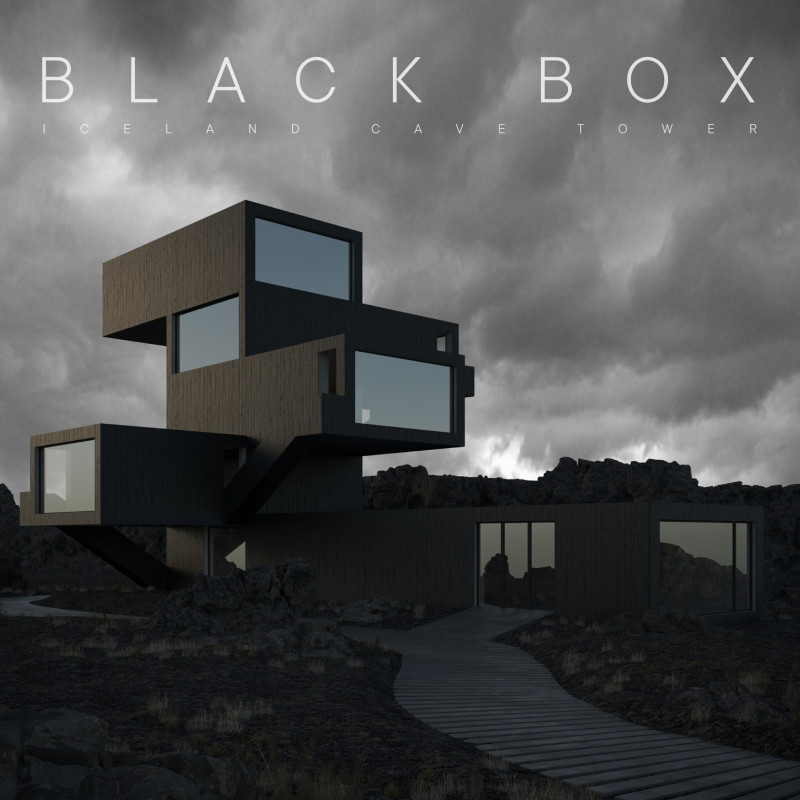 Viewing tower featuring carbonized timber and concrete integration within a volcanic landscape
