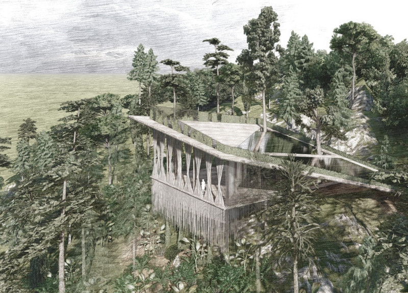 Natural Schist Integration with Pine Structures for a Tranquil Retreat