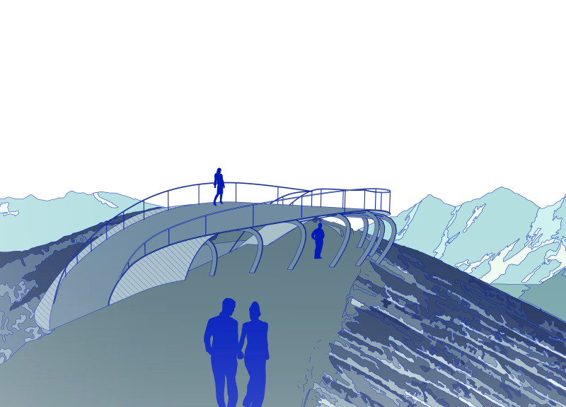 Curvilinear Glass Facade With Reinforced Concrete and Timber Integration in Elevated Landscape Observation Space  