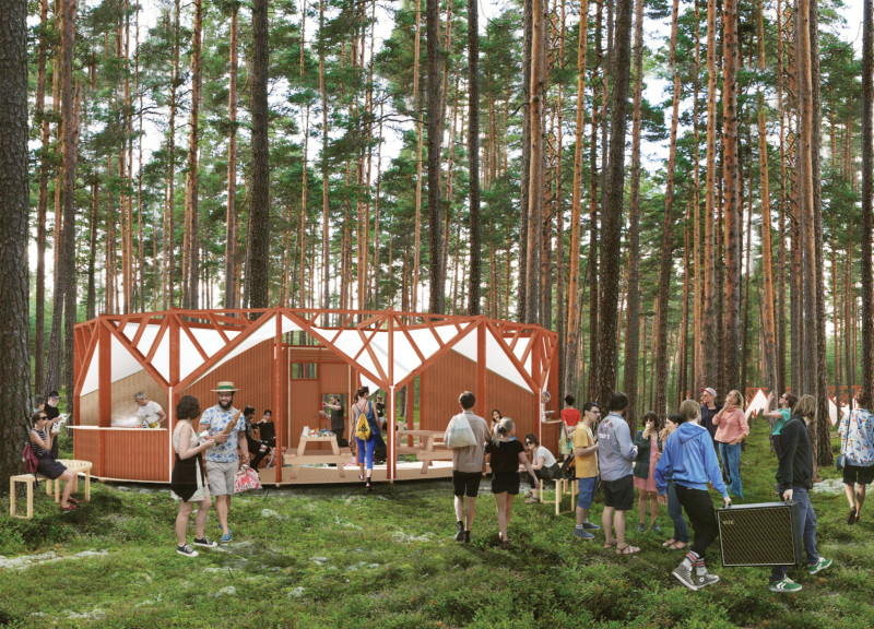 Radial Timber Pavilion Integrating Cedar Paneling in a Forest Setting for Community Engagement
