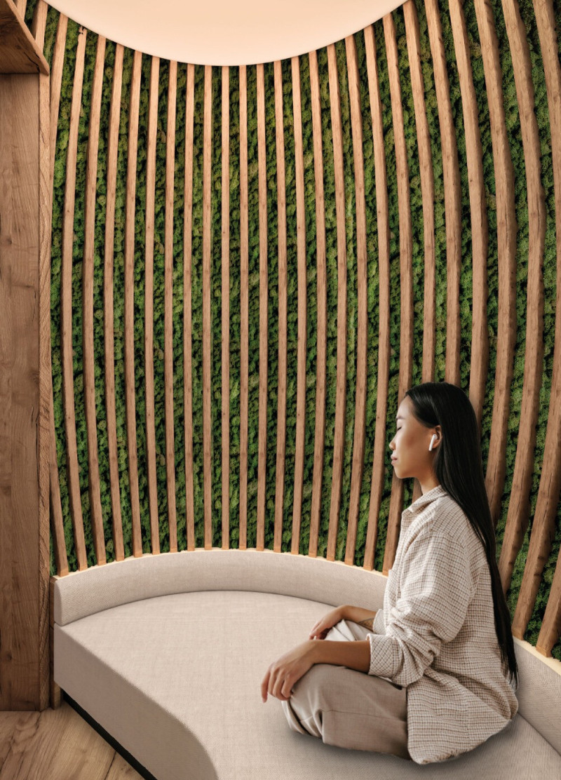 Cocoon-Like Retreat Crafted with Live-Edge Wood and Moss Integration for Urban Meditation