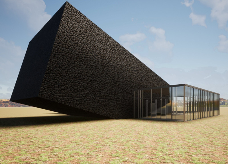 Textured Concrete Pavilion Embracing Natural Light with Angled Roof Design