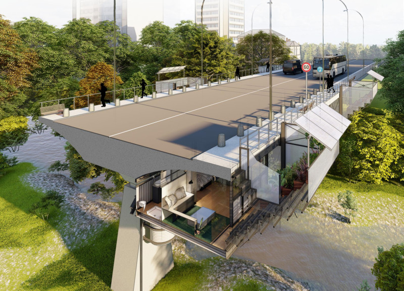 Bridge-Integrated Micro Home Featuring Sustainable Steel Framework and Green Terraces  