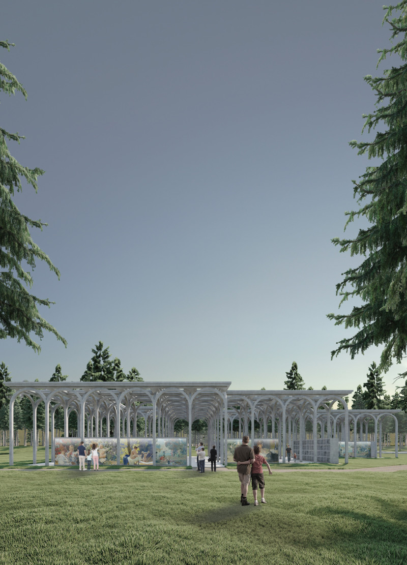 Canopy Structure Composed of Granite and Glass Enhancing Community Reflection  