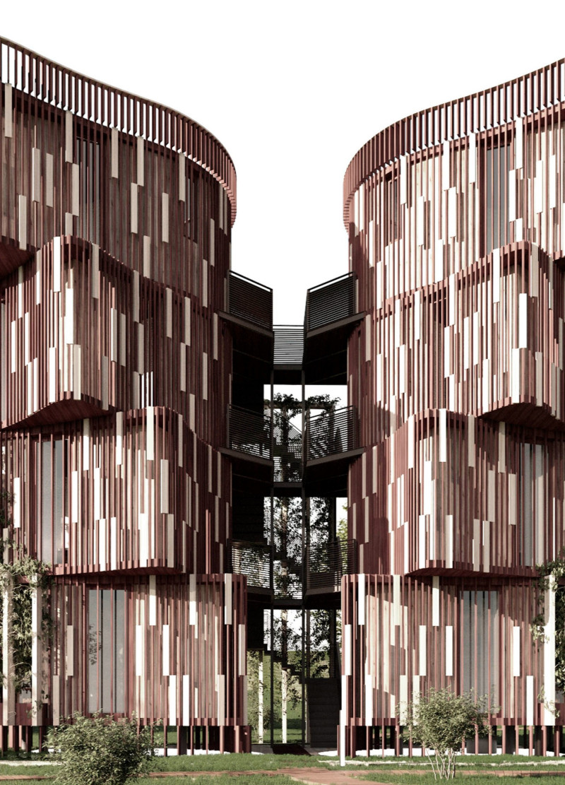 Charred Wooden Shingles and Cross-Laminated Timber Panels Forming Community-Focused Modular Residences  