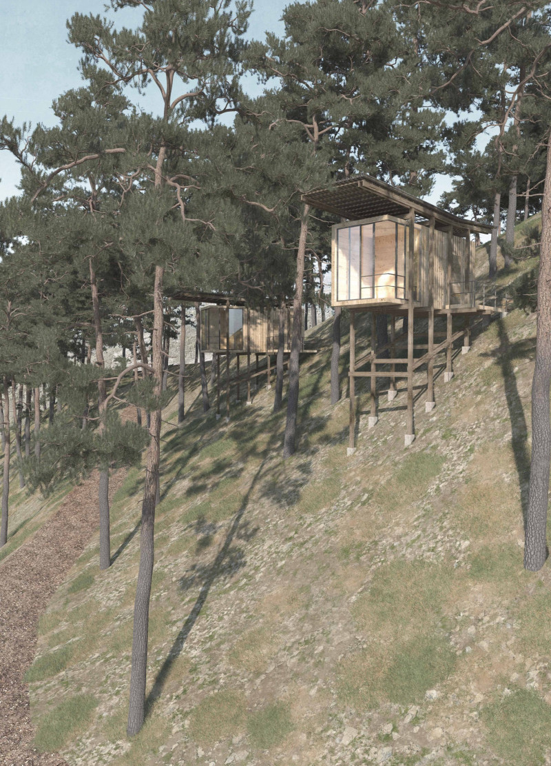 Elevated Sleeping Pods Crafted From Local Timber With Integrated Rainwater Harvesting