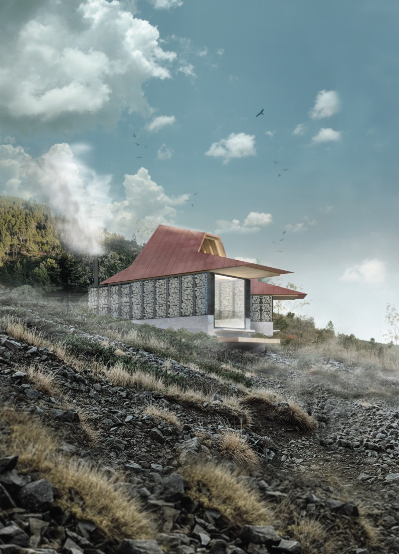 Shifting Roof Structure with Thermal Mass in Stone and Metal Retreat