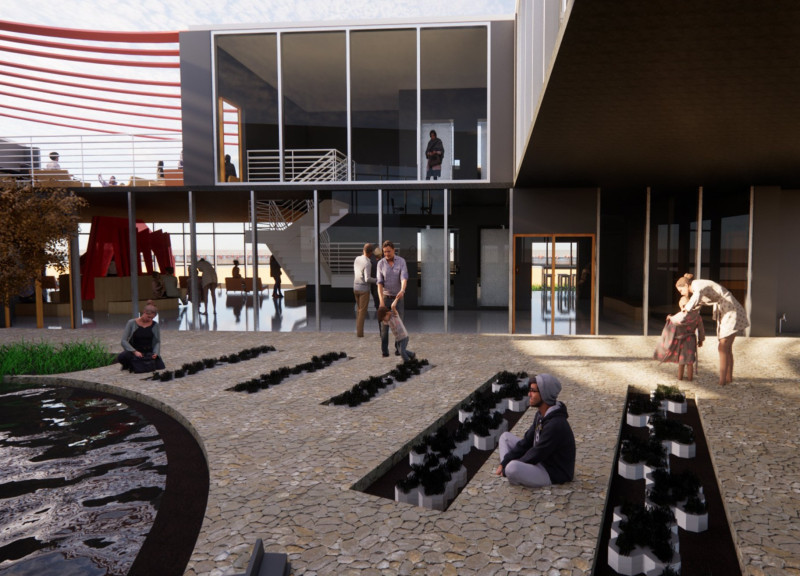 Charred Wooden Shingles and Glass Wall Integration in a Nature-Centric Educational Hub