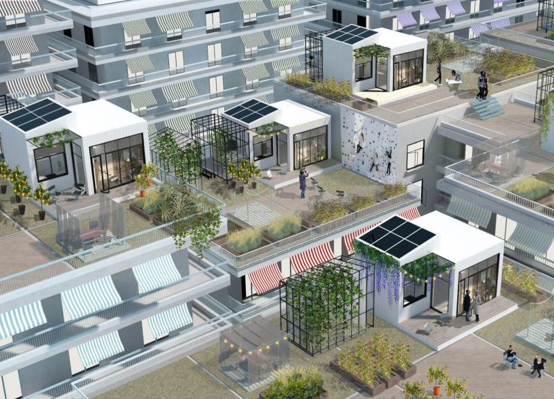 Charred Wooden Shingles and Cross-Laminated Timber Structure Enhancing Urban Rooftop Living