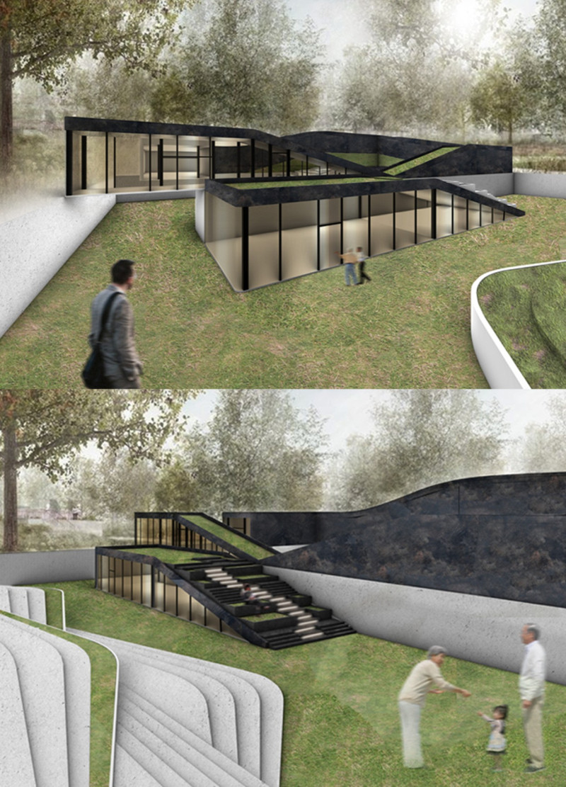 Natural Integration Through Earth and Glass In A Reflective Memorial Space