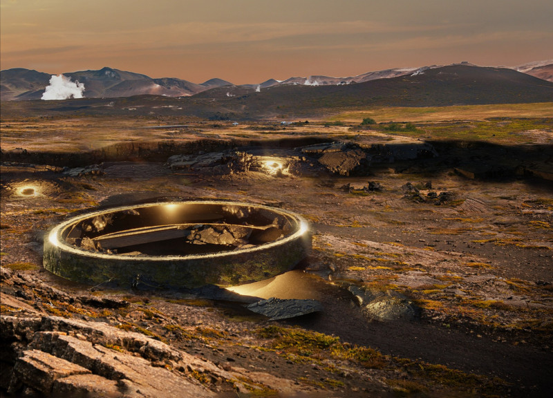 Reflective Steel and Natural Rock Structure Integrating Circular Design in the Icelandic Landscape