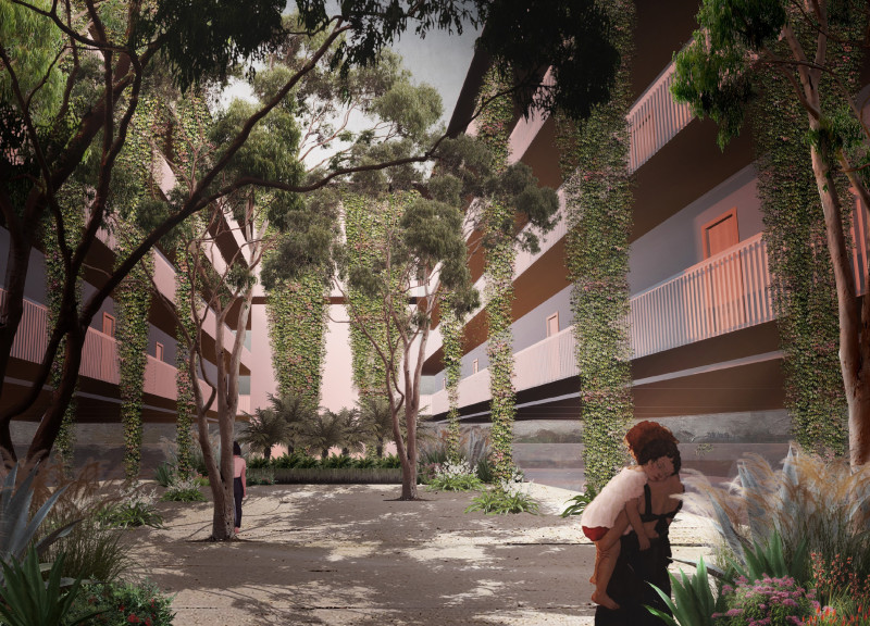 Charred Wooden Shingles and Vertical Gardens in a Sustainable Urban Community Space
