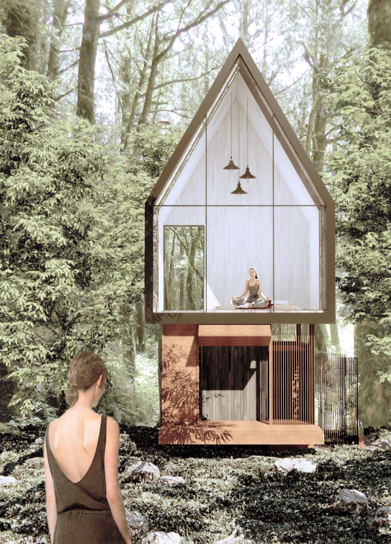 Elevated Sanctuary Crafted from Cross-Laminated Timber and Charred Wood Shingles in a Forest Setting  