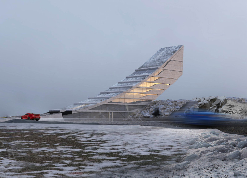 Geothermal Structure With Sloping Roofs Crafted From Local Concrete and Sustainable Wood