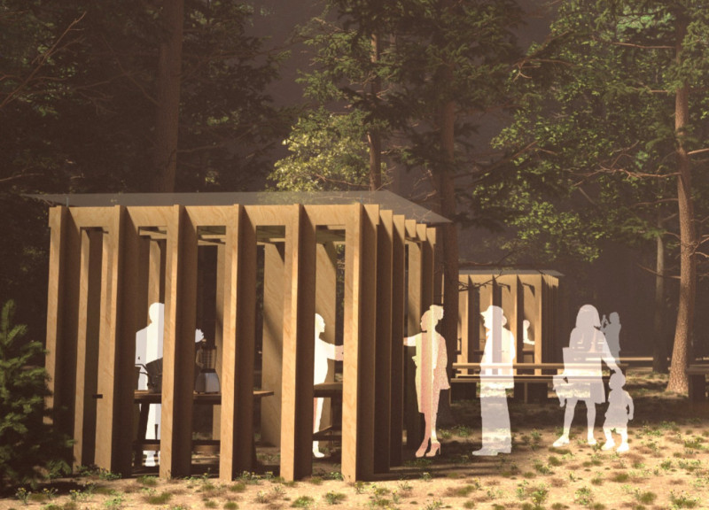 Modular Food Court Constructed with Natural Timber and Light-Filtering Polycarbonate Panels