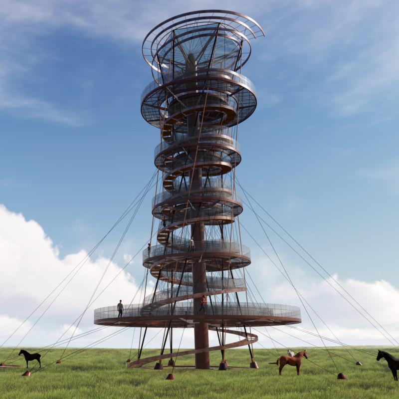 Corten Steel Spiral Tower Uniting Ecology and Community Observation  
