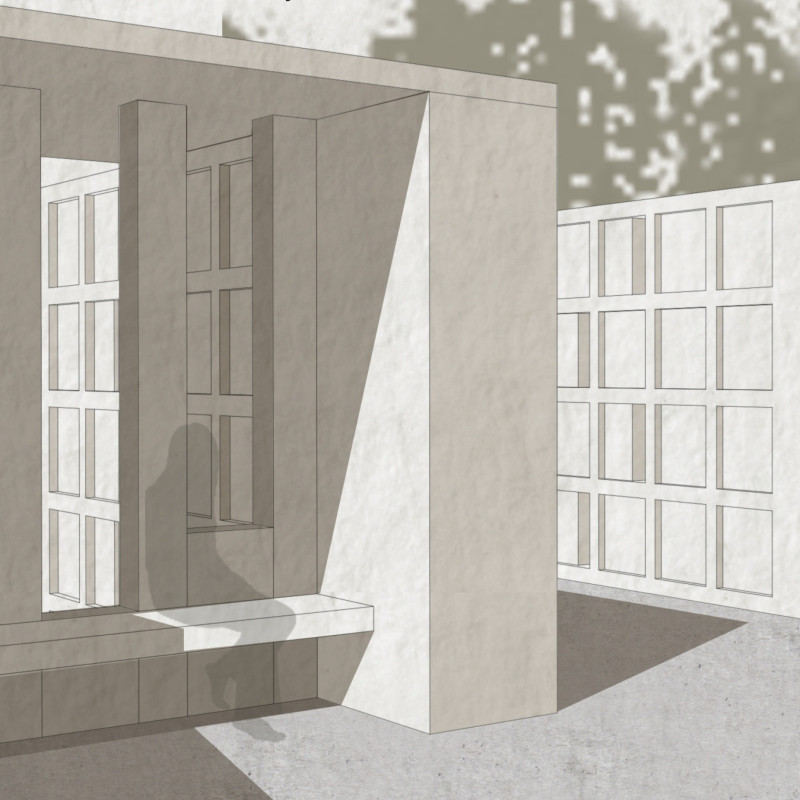 Charred Wooden Shingles and Concrete Embrace in a Reflective Chamber for Memorialization  