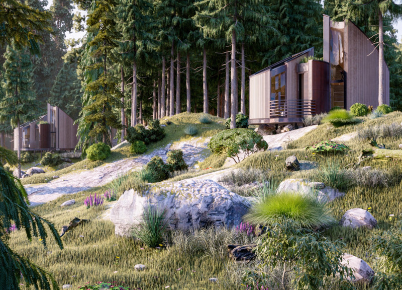 Curvilinear Windows and Green Roofs Enhance Timber-Framed Micro Living in a Woodland Setting