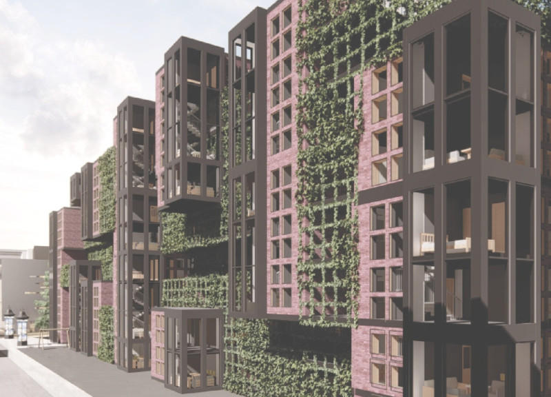 Vertical Greenwalls and Brickwork Define Communal Living in Modular Housing  