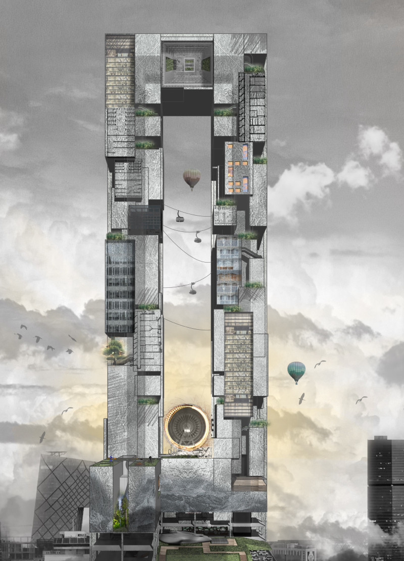 Vertical Gardens and Cable-Car Transit in a Modern Glass and Concrete Urban Landscape
