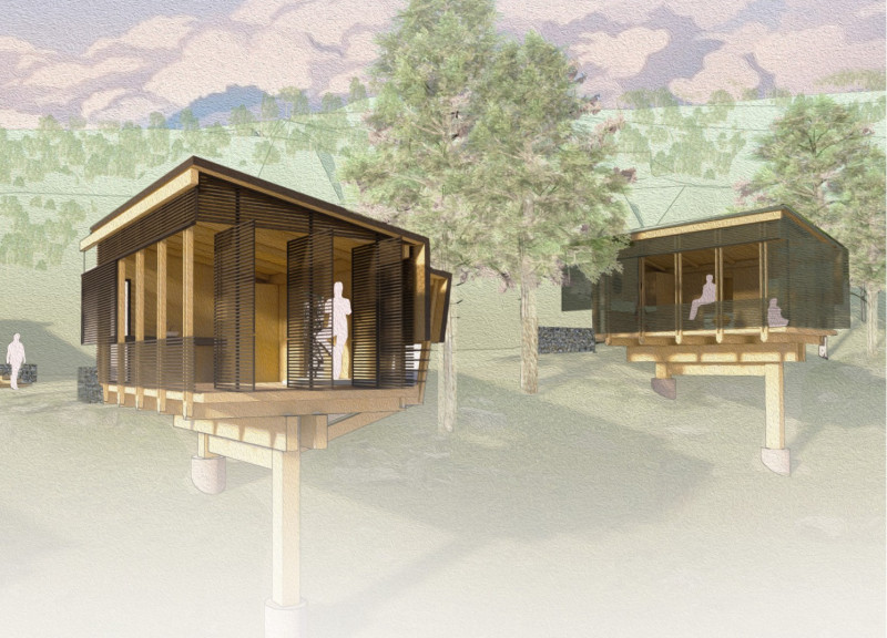 Meditation Retreat Featuring Cross-Laminated Timber and Charred Wood Finishes in a Trapezoidal Form Above a River Valley  