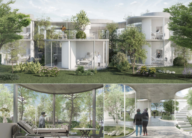Curved Glass Facades and Natural Wood Elements Enhance Serenity in a Healing Sanctuary