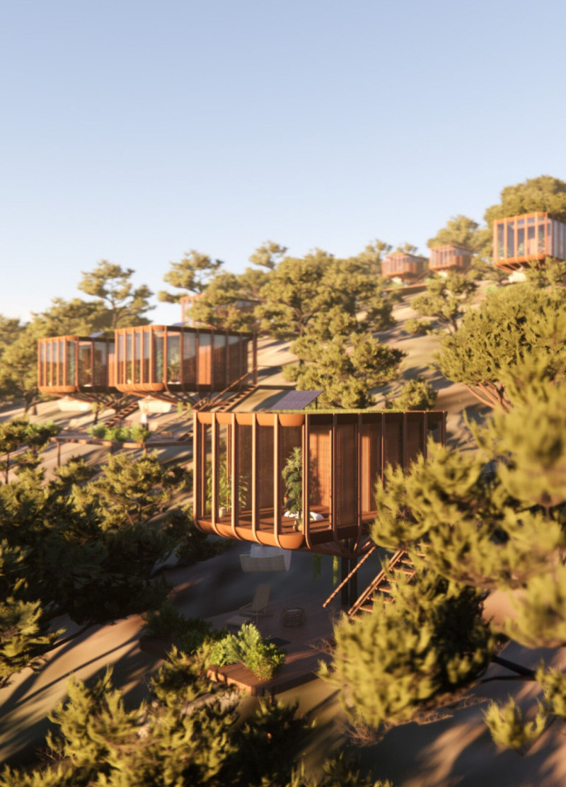 Charred Wooden Shingles and Biophilic Timber Pods Creating a Tranquil Retreat for Mindfulness
