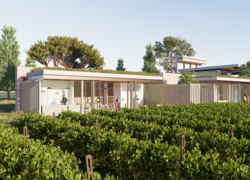 Natural Stone Walls and Green Roofs Shape Serene Guest Retreat Overlooking Vineyards  
