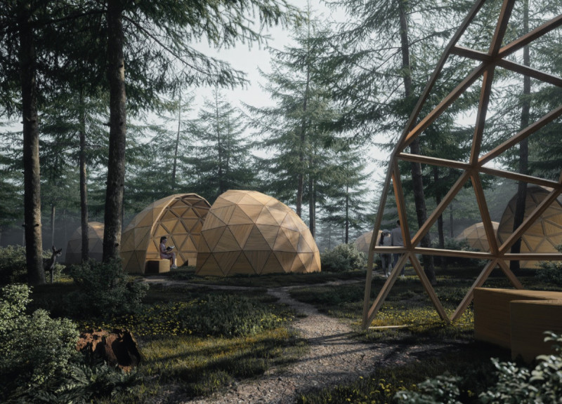 Echoing Spaces Crafted From Geodesic Timber Panels Nestled in a Forest Setting  