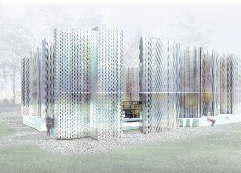 Reclaimed Glass Columns and Local Stones Define a Serene Memorial Space Amidst Nature