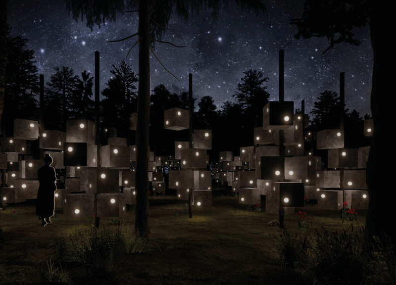 Suspended Urns and Translucent Marble in a Serene Woodland Memorial