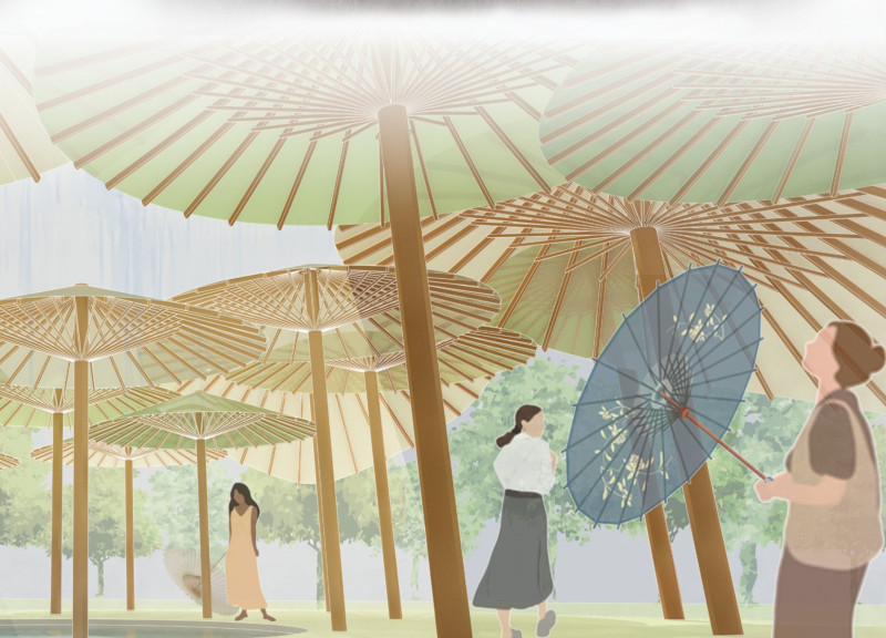 Translucent Washed Canopy Crafted From Bamboo and Japanese Paper in a Forest Pavilion  