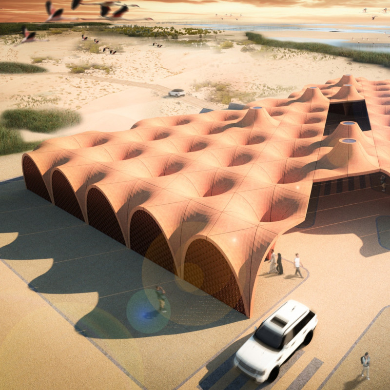 Honeycomb Screen Canopies and Exposed Concrete Forming an Eco-Friendly Visitor Center