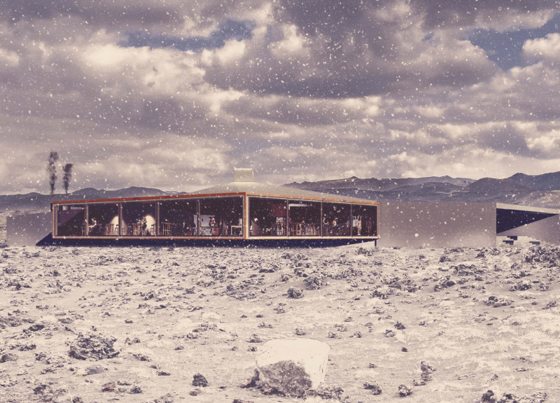 Twisted Glass Roof Harmonizing Steel and Concrete in a Volcanic Landscape Café  