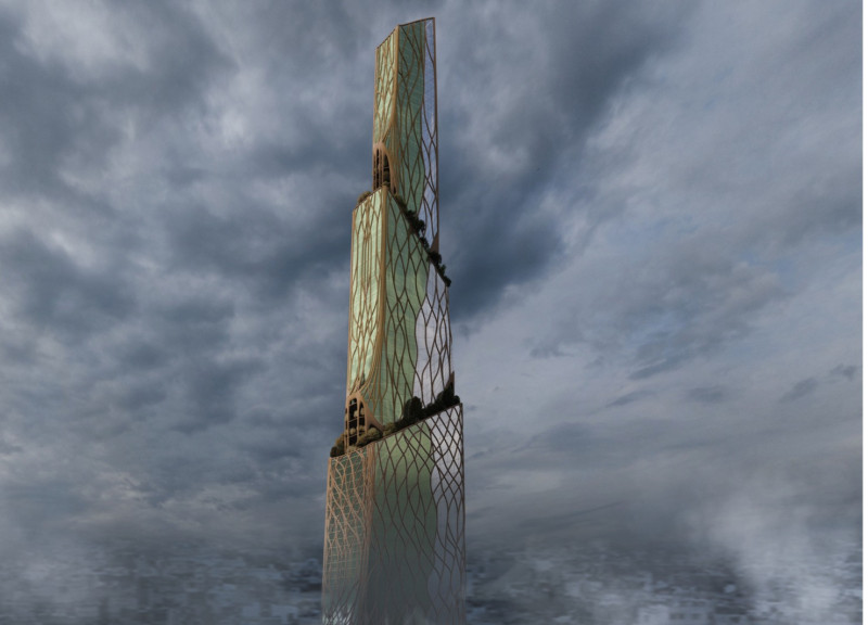 Carbon-Sequestering Facade Featuring Algal Materials and Cross-Laminated Timber in an Urban Eco-Hub  