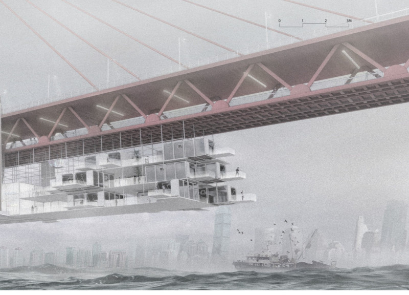 Suspended Micro-Living Units Featuring Steel and Glass Integration Over Urban Green Spaces