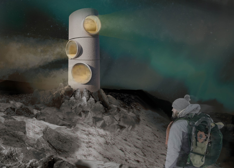 Rotating Cylindrical Modules Crafted in Concrete and Metal Overlook Volcanic Landscapes  