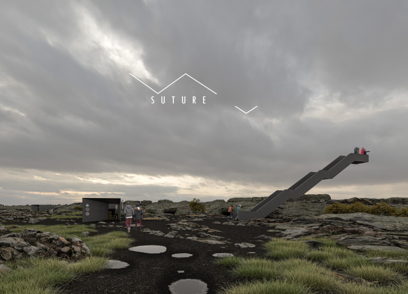 Charred Wooden Shingles Seamlessly Integrated Into Geothermal Visitor Experience Over Volcanic Landscape