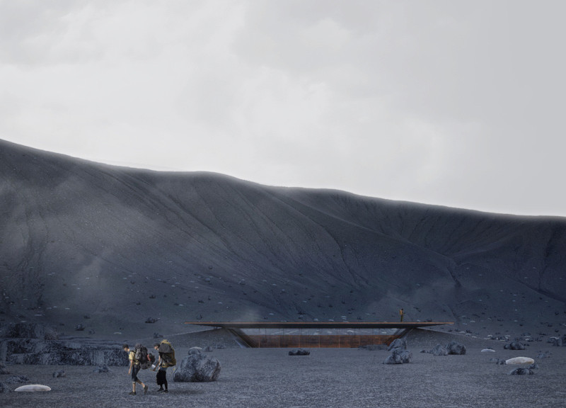 Natural Stone and Glass Structure Harmonizing with Volcanic Landscape As a Community Coffee Haven