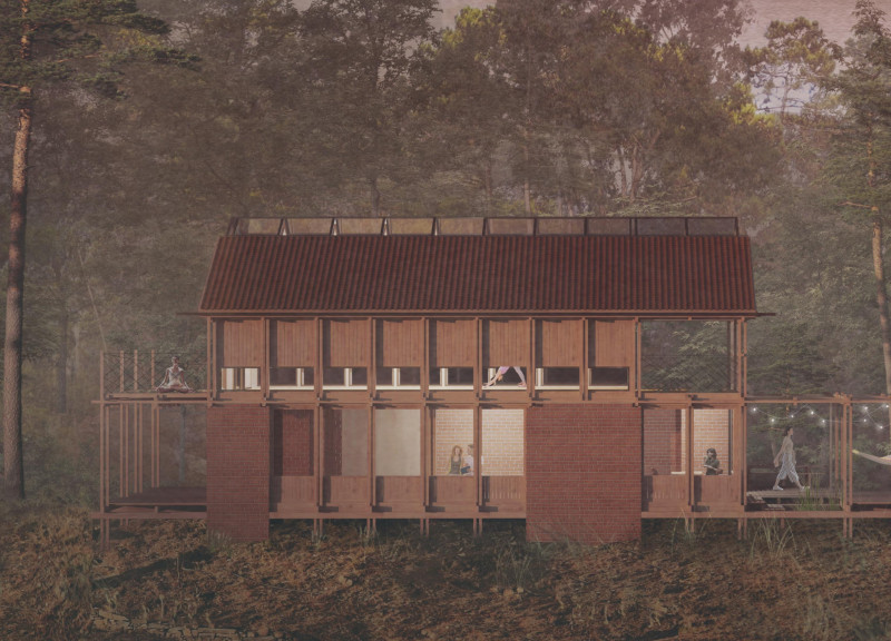 Charred Wooden Shingles and Brick Harmony in a Community Wellness Retreat